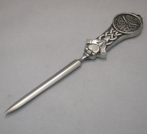 CLADDAGH CELTIC T3 9" LONG LETTER OPENER. CELTIC AND CLADDAGH PEWTER HANDLE COMBINED WITH STAINLESS STEEL BLADE. HAND MADE IN IRELAND