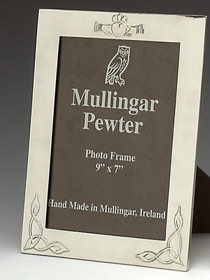 9 X 7 CLADDAGH FRAME WITH CELTIC CORNERS ALL CAST IN PEWTER METAL AND POLISHED TO SOFT SILVER SHEEN great wedding frame.