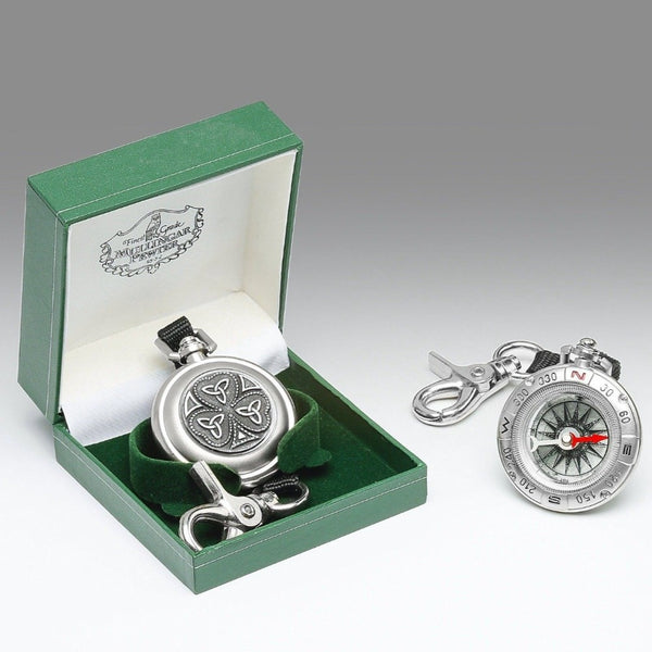 FIELD COMPASS MADE OF PEWTER METAL, SILVER SHEEN. ÉTAIN ZINN PELTRO SHAMROCK TRINITY DESIGN. TWO OF IRELANDS BEST KNOW SYMBOLS, SHAMROCK AND TRINITY. GREAT TOURING GIFT.