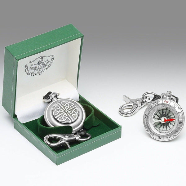 FIELD COMPASS MADE OF PEWTER METAL, SILVER SHEEN. ÉTAIN ZINN PELTRO TRINITY DESIGN. THE FOUR TRINITY SHIELD IS SO SYMBOLIC OF ALL THINGS CELTIC. A GREAT GIFT FOR YOUR IRISH FRIENDS FOR ANY OCCASION.