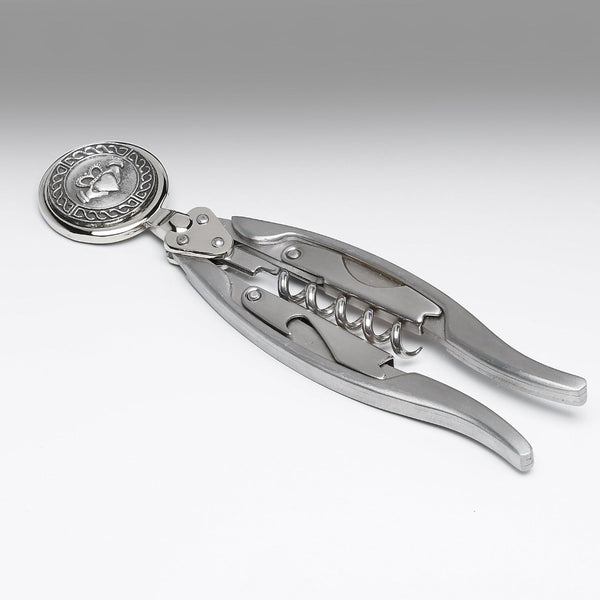 CORKSCREW WITH CLADDAGH DESIGN AND CELTIC SURROUND. THIS STURDY AND ELEGANT  CORK SCREW IS 5" LONG AND GREAT FOR ANY HOUSEHOLD KITCHEN. MADE IN IRELAND BY MULLINGAR PEWTER