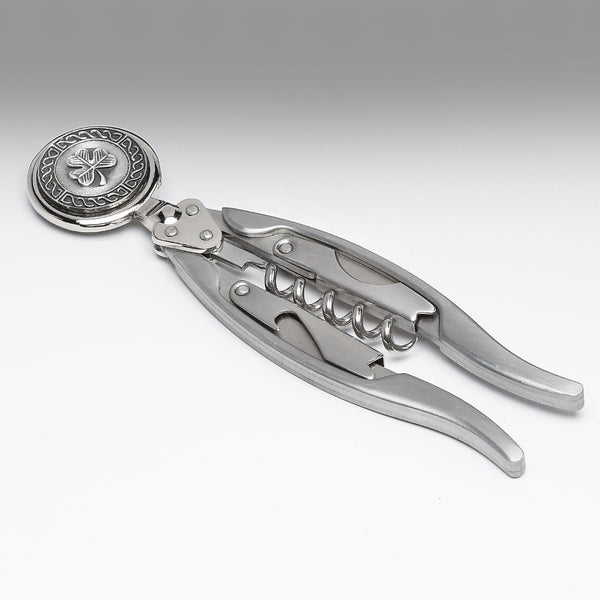CORKSCREW WITH SHAMROCK AND CELTIC KNOTWORK DESIGN. THE CORKSCREW IS 5" LONG AND IS BOTH STURDY AND ELEGANT. MADE IN IRELAND BY MULLINGAR PEWTER.