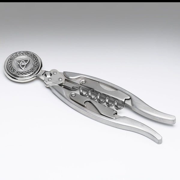 CORKSCREW WITH THE TRINITY KNOT DESIGN AND SURROUNDED BY CELTIC DESIGN. THE CORKSCREW IS 5" LONG AND IS BOTH ELEGANT AND STURDY. GREAT HOUSE PARTY GIFT. MADE IN IRELAND BY MULLINGAR PEWTER.