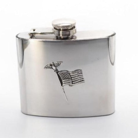 American Flag embossed stainless steel hipflask. A great gift to any veteran of a great nation. The flask is 3 1/2" tall and holds 5 fluid OZs. the cap is a safe cap and fixed to the flask for safe keeping. Made in Ireland by Mullingar Pewter