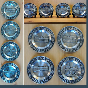 4 WALL PLATES WITH DUBLIN SCENES made from pewter finished metal. Great family gift for any Dublin family. Great new home gift for a new home owner in Dublin Ireland.