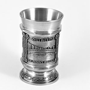 SHOT MEASURE WITH SCENES OF DUBLIN MADE OF PEWTER METAL WITH SILVER SOFT FINISH BANDS. This pewter measure makes a great fathers day gift or birthday gift for any Dubliner. 1 oz capacity 2 1/2" tall.