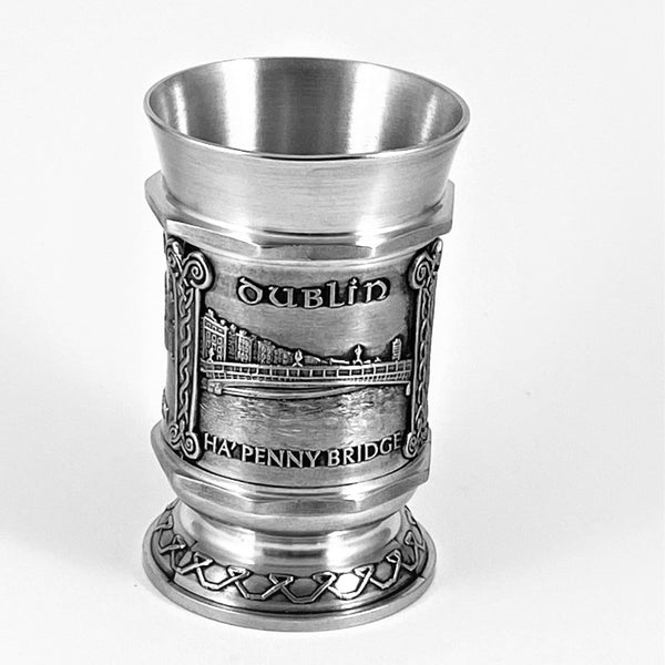 SHOT MEASURE WITH SCENES OF DUBLIN MADE OF PEWTER METAL WITH SILVER SOFT FINISH BANDS. This pewter measure makes a great fathers day gift or birthday gift for any Dubliner. 1 oz capacity 2 1/2" tall.