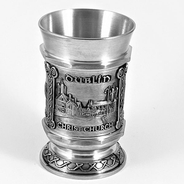 SHOT MEASURE WITH SCENES OF DUBLIN MADE OF PEWTER METAL WITH SILVER SOFT FINISH BANDS. Just a great thank you gift or token gift. 1oz capacity and 2 1/2" high