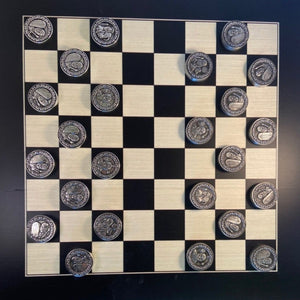 draughts_board_game MADE WITH CELTIC WORRIORS FROM THE BRIAN BORU ERA. ALL PIECES ARE PEWTER METAL WITH SILVER AND DARK PEWTER SIDES. MADE IN IRELAND. ÉTAIN ZINN PELTRO