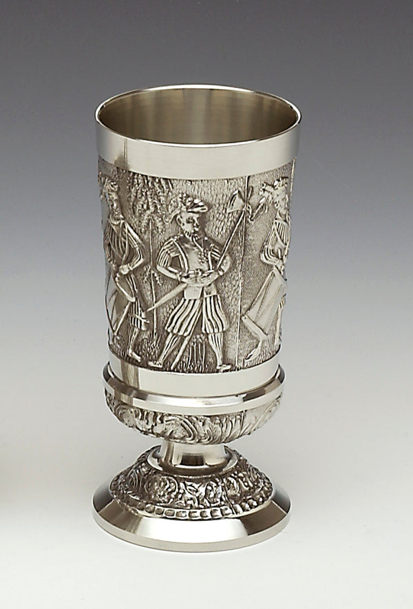 7 INCH GOBLET WITH THE FIGHTING IRISH O'NEILLS AND O'DONNELLS DEPICTED ON THE SIDE OF THE GOBLET MADE OF PEWTER METAL WITH SILVER SOFT SHEEN. Great Beer goblet.