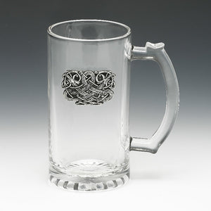 GLASS TANKARD WITH pewter Celtic design emblem attached. The tankard is 6" high and has a capacity of 15ozs. Great mans gift.