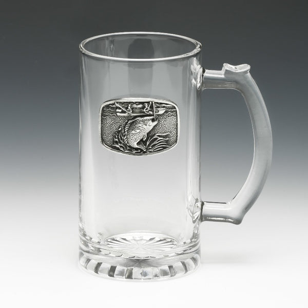 GLASS TANKARD WITH PEWTER METAL EMBLEM of a fish jumping out of the water. great fisherman's gift . 6" high and 15oz capacity