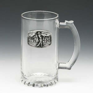 GLASS TANKARD WITH PEWTER METAL EMBLEM of a golfer teeing off. Great gift for a golfing dad. 15oz capacity and 6" tall.