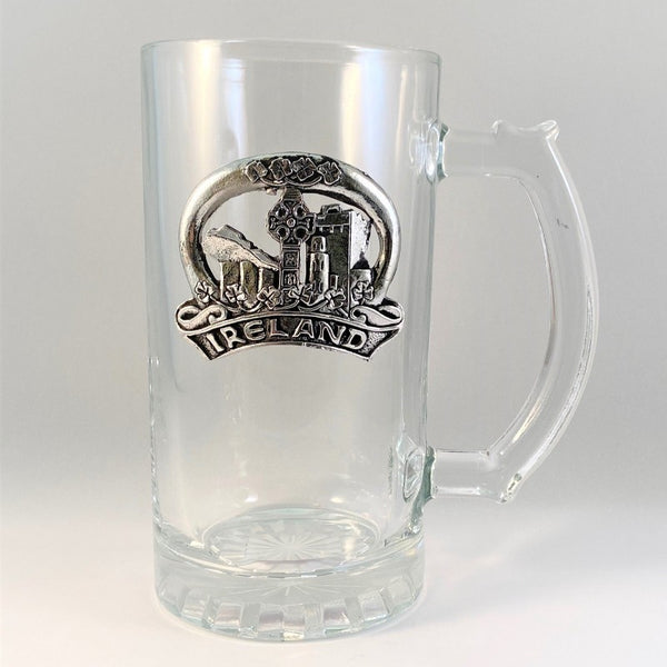 GLASS TANKARD WITH PEWTER METAL EMBLEM decorated with symbols of Ireland. 15oz capacity and 6" tall. Great fathers day gift for an Irish man.