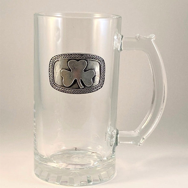 GLASS TANKARD WITH PEWTER METAL EMBLEM of the Shamrock surrounded by Celtic knot. 15oz capacity and 6" tall.