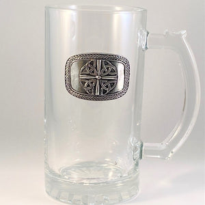 GLASS TANKARD WITH PEWTER METAL EMBLEM with four trinity shield and Celtic surround. Great birthday gift for beer drinker. 15oz capacity and 6" tall.