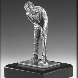 GOLFER PUTTING ON THE GREEN made of pewter metal with silver sheen pewter MADE IN IRELAND 6 1/2" tall on wood base. Engravable.