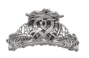 CELTIC DRAGON HAIR CLASP MADE OF SILVER FINISHED PEWTER METAL. The dragon heads and sneak like creatures are similar to those seen in the Book of Kells