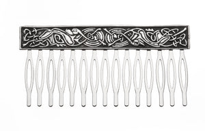 KELLS HAIR COMB MADE OF PEWTER METAL WITH SILVER FINISHED CELTIC DESIGN. 3" long and 1 1/2" comb