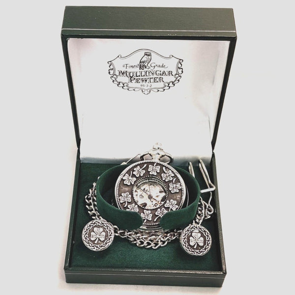 GENTS MECHANICAL POCKET WATCH WITH PEWTER METAL SHAMROCK DESIGN IN SILVER FINISH. THE OPEN FACE SHAMROCK DESIGN IS ON THE WATCH AND THE SHAMROCH SURROUNDED BY CELTIC DESIGN IS ON EACH CUFFLINK.