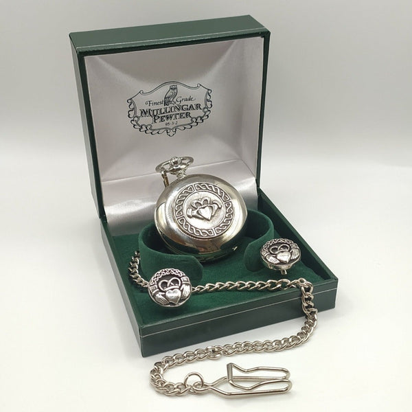 Claddagh Gents Quartz Pewter Pocket watch and Cufflinks set P370