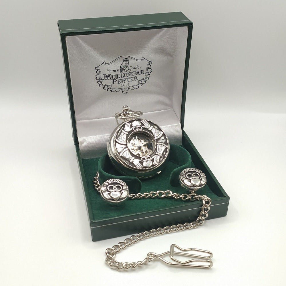 Mullingar Pewter Pocket Watch Claddagh Irish Heart Silver Tone Small 26MM Works Mullingar Pewter Pocket Watch with Claddagh Design | Real Irish main image 3