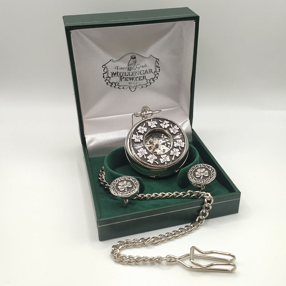 Gents Shamrock pewter Mechanical Pocket Watch and Cuff links Set Irish Mullingar Pewter