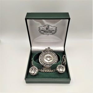 Claddagh  Mechanical  watch and cufflinks with double embossed pattern. SET WITH PEWTER METAL DESIGN AND SILVER FINISH TO WATCH. 
