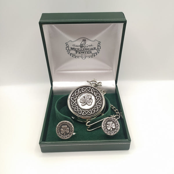 Mullingar Pewter Mechanical Pocket watch accomopanied by two shamrock embellished cufflinks and presented in a Green Mullingar Pewter presentation box
