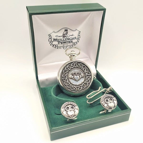 Mechanical pocket watche with claddagh motif and matching cufflinks Presented in a green Mullingar Pewter Gift box