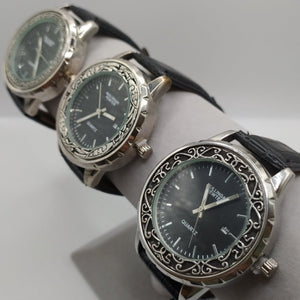 Our three Mullingar Pewter Wrist watches displayed together. Each are a Quartz watch and embellished with Pewter. 