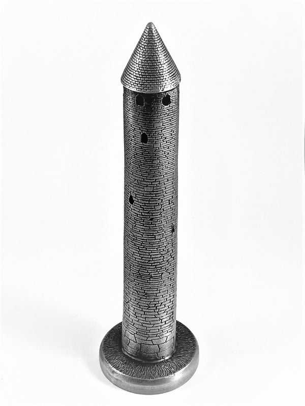 IRISH ROUND TOWER REPLICA. IRELAND IS FAMOUS FOR ITS ROUND TOWERS. THEY WERE BUILT BY MONKS DURING THE 8TH TO 10TH CENTURY FOR SANTUORY FROM THE VIKING INVADERS.  OUR REPLICA IS 8" TALL. PEWTER SILVERWARE FINISH. HAND MADE IN IRELAND