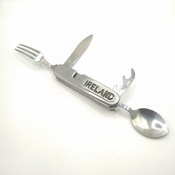 Camping cutlery tool, a perfect utensil for the outdoor entusiast . Silver colour, stainless steel item with a pewter Ireland embellishment