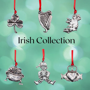 The Irish Collection of Christmas Tree Decorations made from Mullingar Pewter, a silver metal. Each presented on a red ribbon.