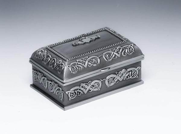 3 1/2" LONG JEWELRY BOX WITH CELTIC ARTWORK ON ALL SIDES AND BEADED LID WITH A CLADDAGH IN THE CENTER. GREAT BOX FOR ENGRAVING. THE PEWTER SILVERWARE POLISHED LOOK IS CONTRASTED WITH A DARKER BACKGROUND. GREAT AS AN ENGAGEMENT GIFT.