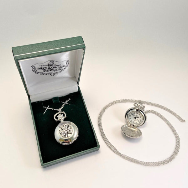 LADIES PENDENT WATCH WITH SHAMROCK DESIGN. THE DESIGN IS THE MOST FAMOUS OF ALL IRISH DESIGNS AND THE BEST KNOWN IRISH SYMBOL WORLDWIDE. THE WATCH COMES IN A GREEN PENDENT BOX , IDEAL AS A GIFT.