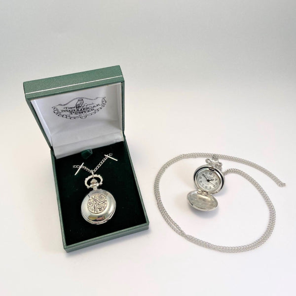 LADIES PENDENT WATCH WITH PEWTER CELTIC DESIGN ON THE FACE WHEN CLOSED THE WATCH MAKES AGREAT LADIES GIFT AND CAN BE ENGRAVED ON THE BACK PANAL. THE CHAIN IS 22 INCH AND THE WATCH IS PACKED IN A GREEN PENDENT BOX, IDEAL AS A GIFT FOR ANY OCCASION. PEWTER SILVERWARE  METAL