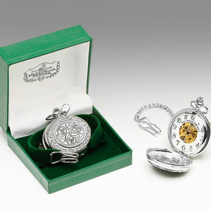 GENTS MECHANICAL POCKET WATCH WITH PEWTER METAL CELTIC DESIGN IN SILVER FINISH. Great mans gift for any occasion