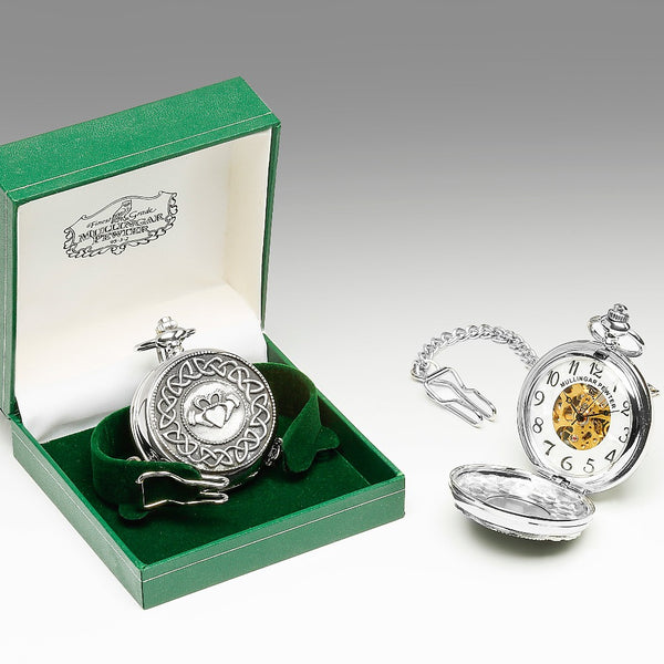 GENTS MECHANICAL POCKET WATCH WITH PEWTER METAL CELTIC DESIGN IN SILVER FINISH. Irelands love symbol, The Claddagh is just a favorite when it comes to wedding parties. Great for a Best man or Groomsman.