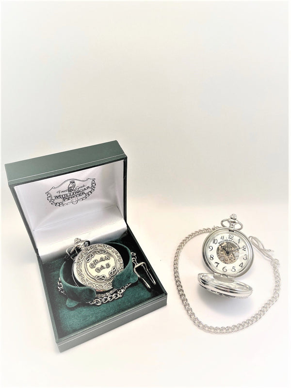 GENTS MECHANICAL POCKET WATCH WITH PEWTER METAL CELTIC DESIGN IN SILVER FINISH. For those of us lucky enough to have a Grandad. this makes a great Grandad gift.