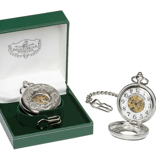 GENTS MECHANICAL POCKET WATCH WITH PEWTER METAL CELTIC DESIGN IN SILVER FINISH. The kells open face design makes a great grandad pocket watch gift.
