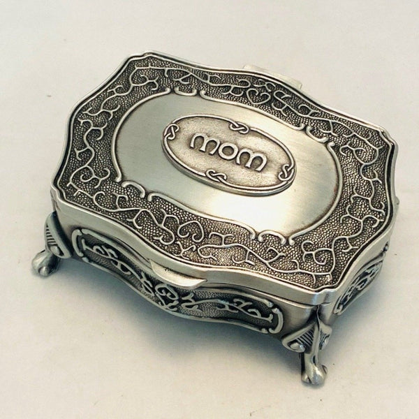 SMALL MOM JEWELLERY BOX WITH HARP LEGS AND CELTIC KNOT SURROUND. BOX IS 3" LONG AND 2 " DEEP. ÉTAIN ZINN PELTRO. very handy for holding rings and small jewelry. Great for personalizing