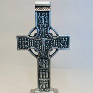 REPLICA OF MUIREDACH HIGH CROSS, PEWTER STANDS 7" TALL . METAL, PEWTER/SILVER FINISH THE DESIGN IS EXACT IN EVERY DETAIL.