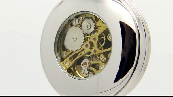 GENTS MECHANICAL POCKET WATCH GIFT, TIME ITS TIME, destail of the back of the watch with the mechanical movement.
