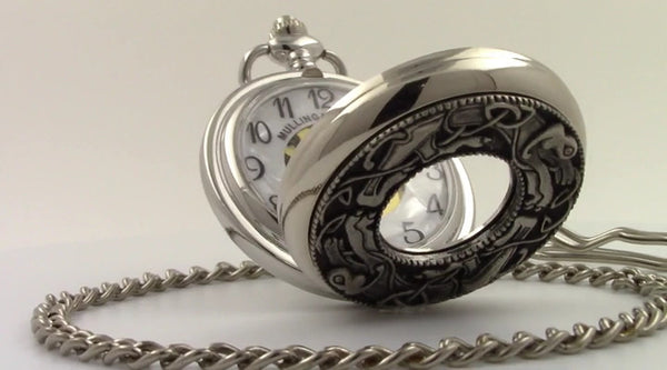 GENTS MECHANICAL POCKET WATCH KELLS AND CELTIC DESIGN PEWTER SILVER. the Celtic design is finished so well in every detail.