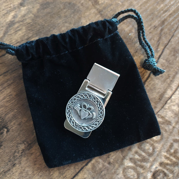 Money Clip with a pewter claddagh embellishment in a black pouch