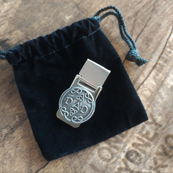Dad Money Clip made from Mullingar Pewter metal and presented in a black velvet bag