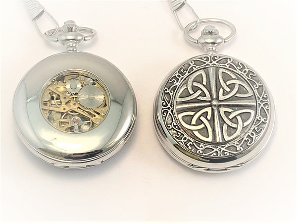 GENTS MECHANICAL POCKET WATCH PEWTER CELTIC MANS GIFT WEDDING GROOM GIFTSFORHIM. the back detail of the mechanical watch and trinity shield face.