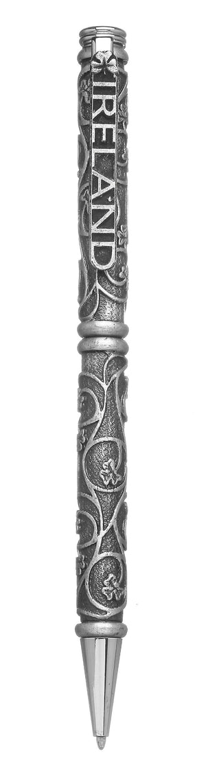 SHAMROCK DESIGN PEWTER PEN. The pen is embossed in Shamrock Trellis design and has the Ireland pen holder with shamrock. Made in Ireland