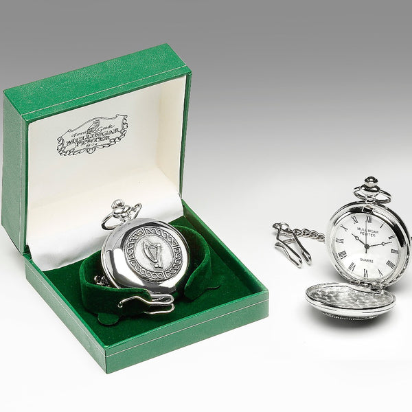 GENTS QUARTZ POCKET WATCH PEWTER SILVER METAL TIMEPIECE. The offical symbol of Ireland the harp with Celtic knot surround